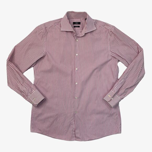 Hugo Boss Shirt Mens 16.5 Plum White Striped Sharp Fit Button Up Cotton Dress - Picture 1 of 11